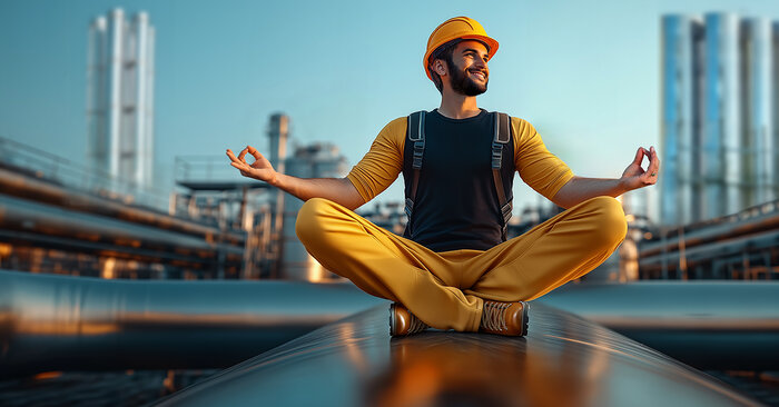 Mann sitzt in Yoga-Position auf einem EdelstahlAbgassystem