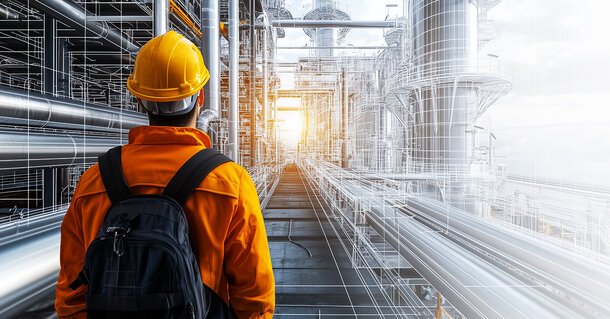 Ingenieur betrachtet technische Zeichnung von Abgassystemen