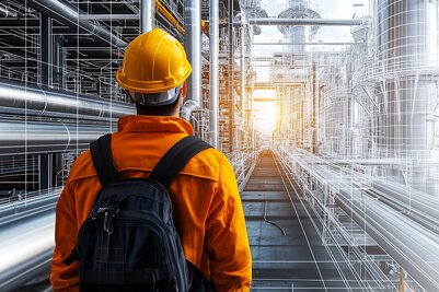 Ingenieur betrachtet technische Zeichnung von Abgassystemen