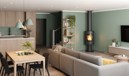 Braskamin i hörnet av rummet