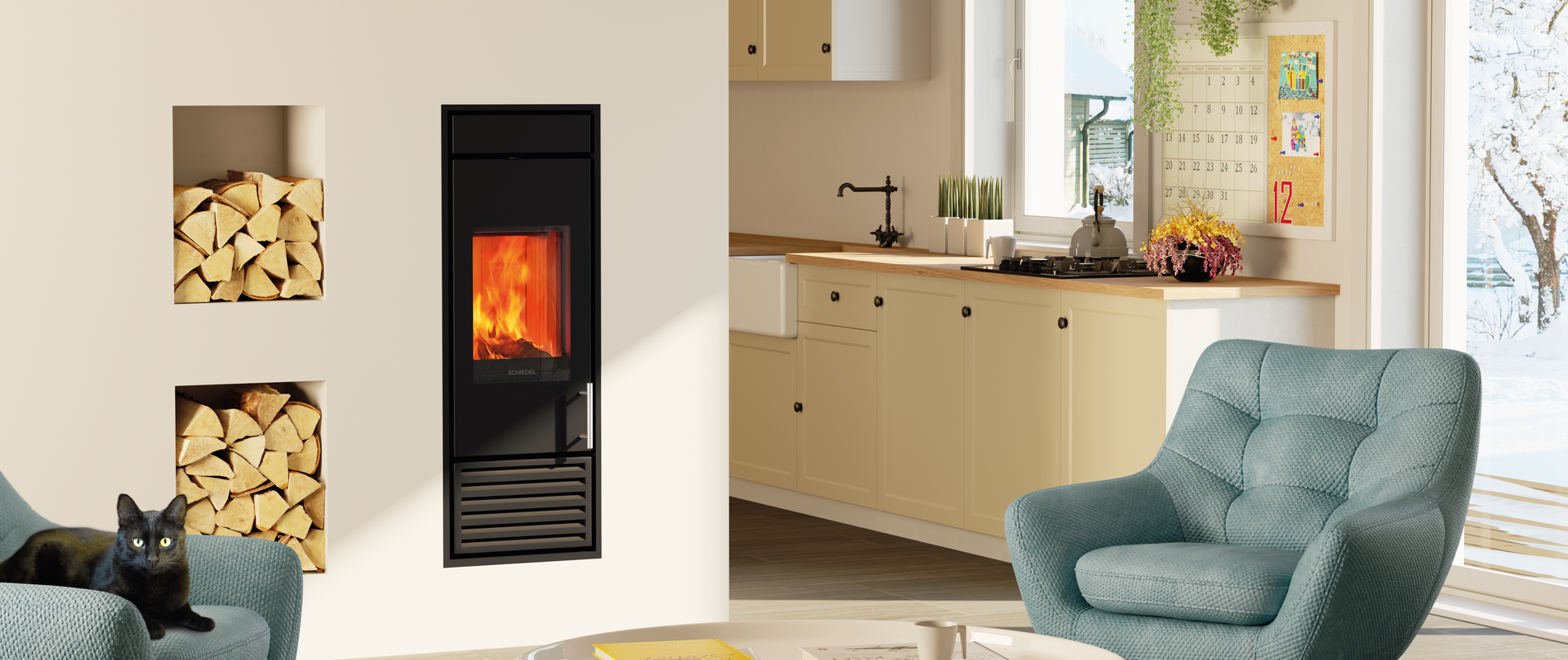 Kuhinja i dnevni boravak s modernim foteljama