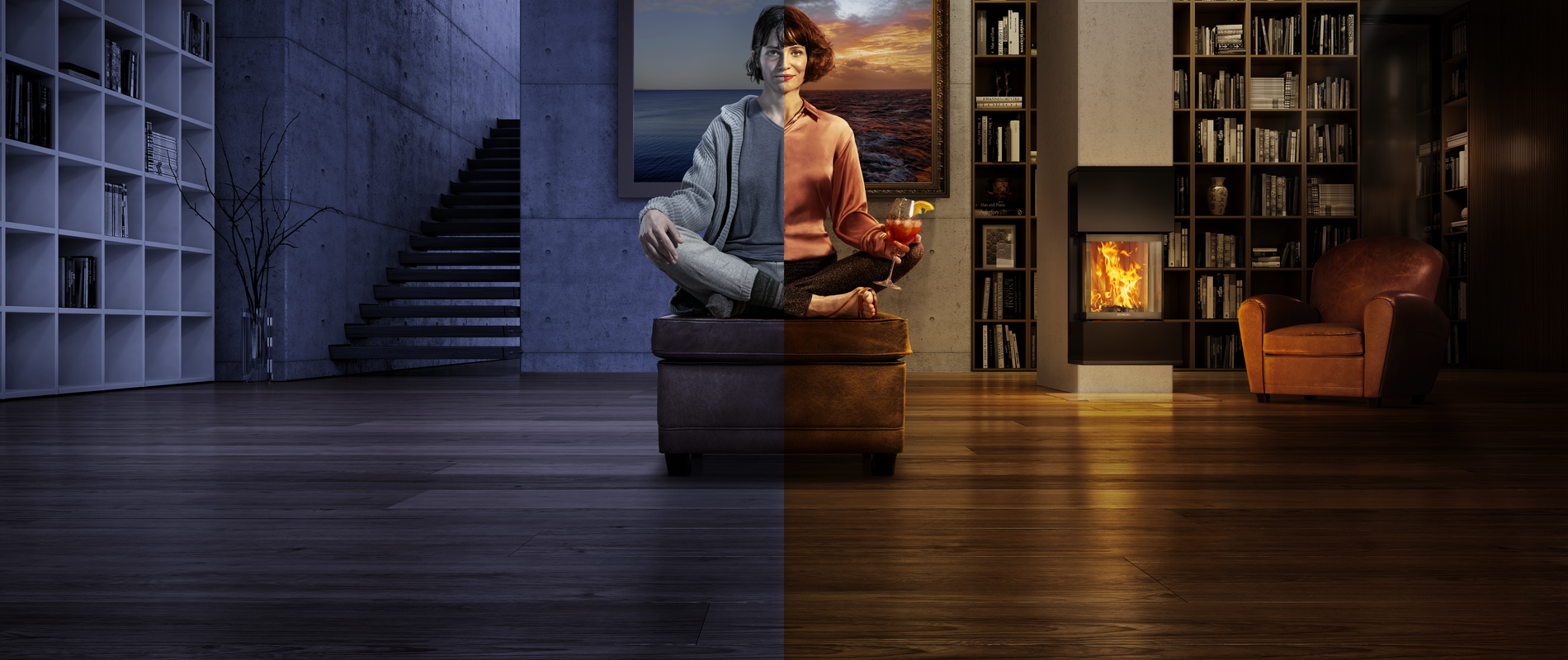 Žena sa pićem u hladnom i toplom prostoru