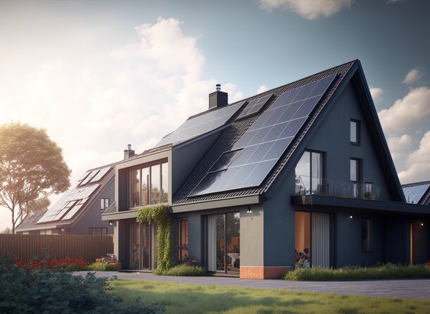 Dům s komínem a se solárními panely | © AdobeStock 554397802